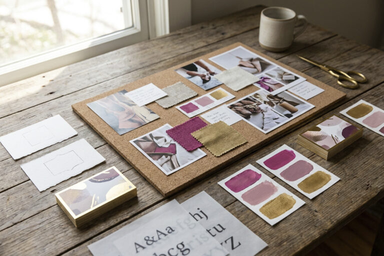 Moodboard de identidade visual com paleta de cores magenta e dourado, tecidos, cartões e amostras de tipografia sobre mesa de madeira