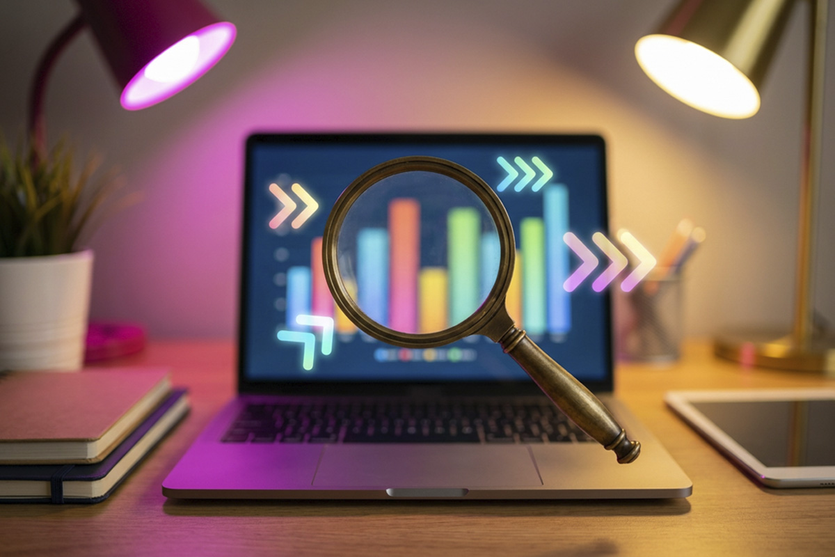 Lupa sobre tela de laptop mostrando gráficos de crescimento e setas, iluminação magenta e dourada