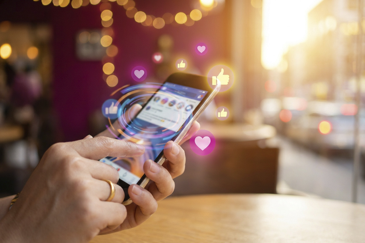 Mãos segurando celular com ícones de curtida e coração flutuando, luzes bokeh magenta e dourada
