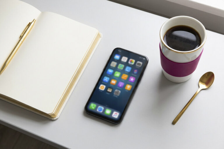 Flat lay de smartphone com grade de ícones de aplicativos, caderno e xícara de café com detalhe magenta e dourado