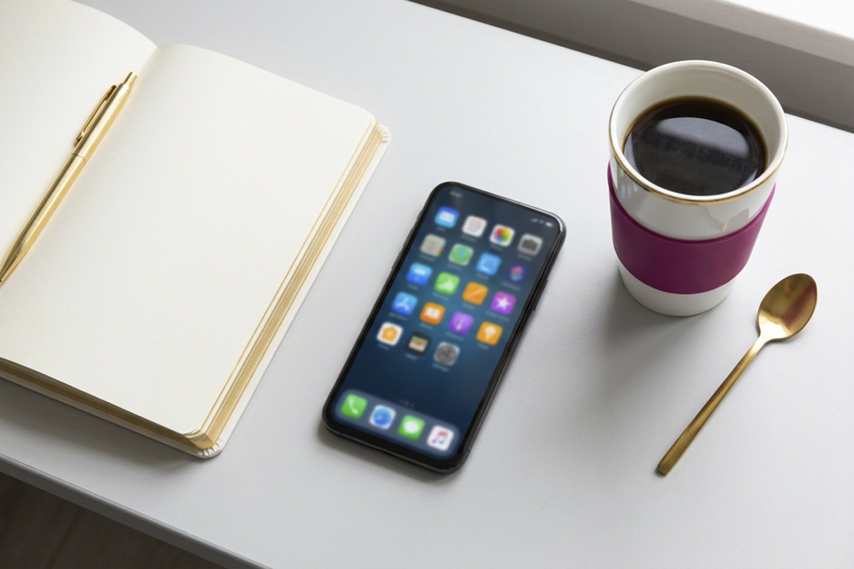 Flat lay de smartphone com grade de ícones de aplicativos, caderno e xícara de café com detalhe magenta e dourado
