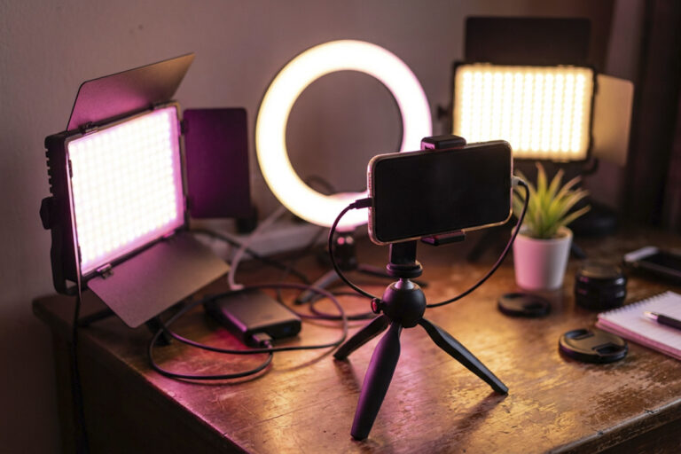 Mini estúdio de criação de conteúdo com ring light, painéis de LED e celular em tripé, iluminação magenta e dourada