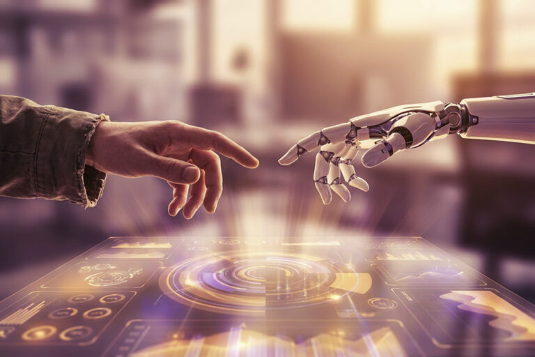 Mão humana e mão robótica se aproximando sobre um dashboard holográfico de marketing, luz magenta e dourada