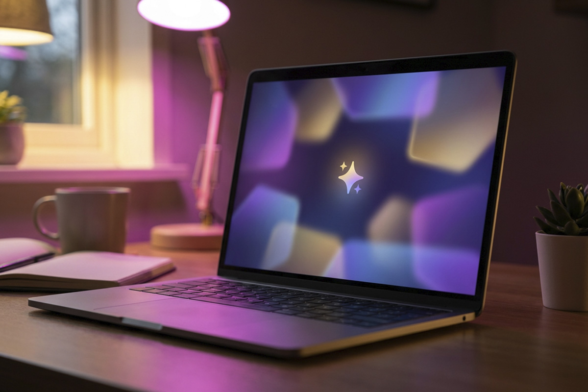 Laptop em mesa de escritório mostrando ícone de sparkle de IA generativa na tela, iluminação magenta e dourada