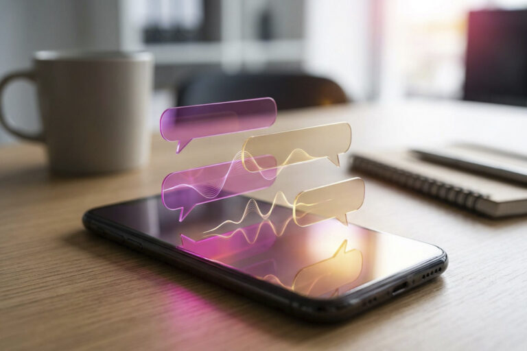 Smartphone sobre mesa com balões de chat holográficos em magenta e dourado saindo da tela