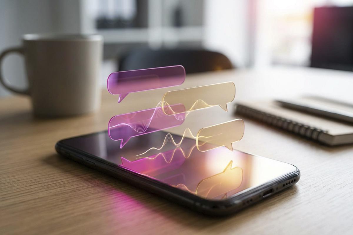 Smartphone sobre mesa com balões de chat holográficos em magenta e dourado saindo da tela