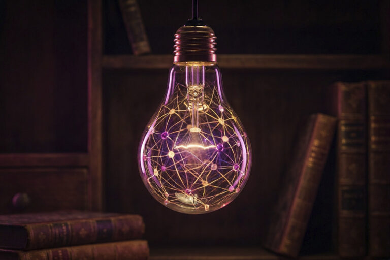 Lâmpada acesa com uma rede de conexões luminosas em magenta e dourado dentro do bulbo, representando gatilhos mentais