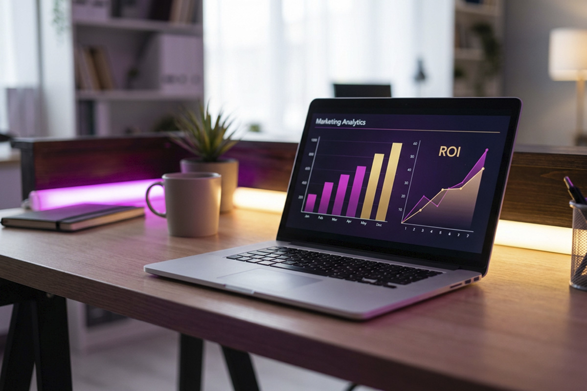 Laptop mostrando dashboard de analytics de marketing com gráficos de ROI em ambiente iluminado em magenta e dourado